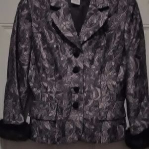 Grey Brocade Jacket w Fur Trim